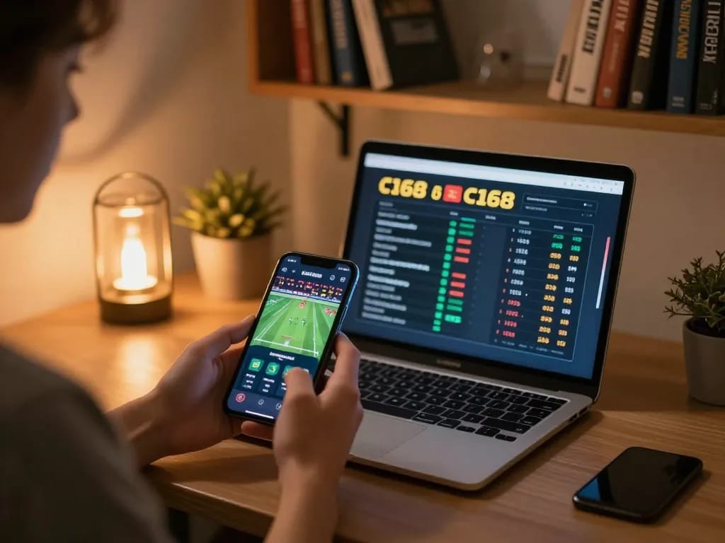 C168 đăng nhập on a smartphone while betting in a cozy home setup with modern decor