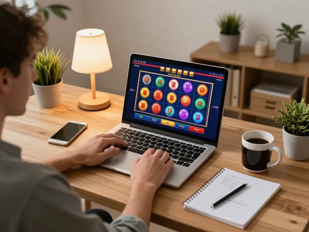 g28 player engaging with online slots at home desk, creating an inviting and interactive atmosphere