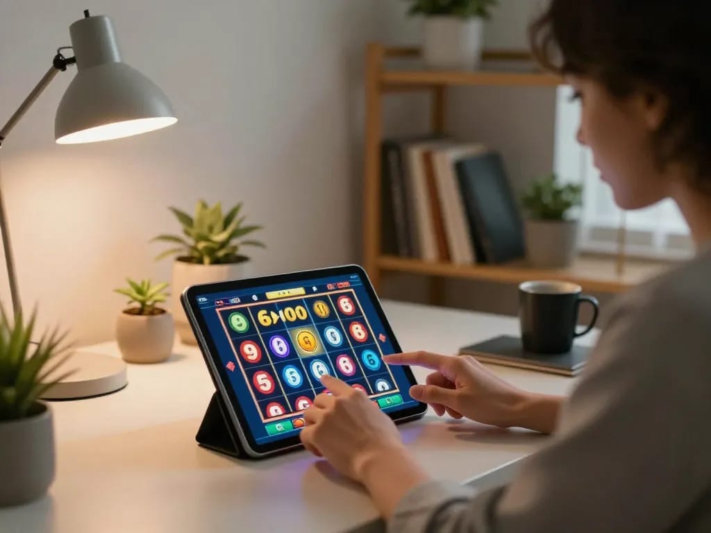 Engaging player using tablet for slot6000 online gaming experience in a cozy home environment