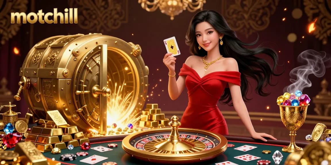 Experience thrilling gambling action with motchill’s vibrant casino illustration featuring a glamorous woman and golden elements.