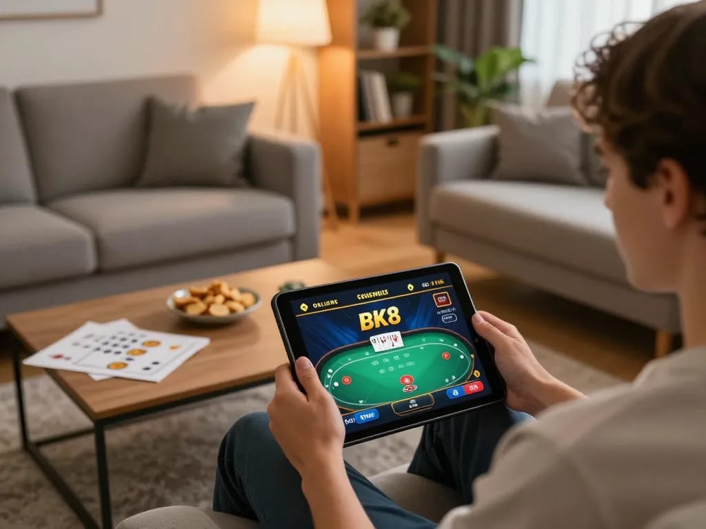 Player enjoying BK8 online casino gaming on a tablet in a cozy home setup, focusing on poker.