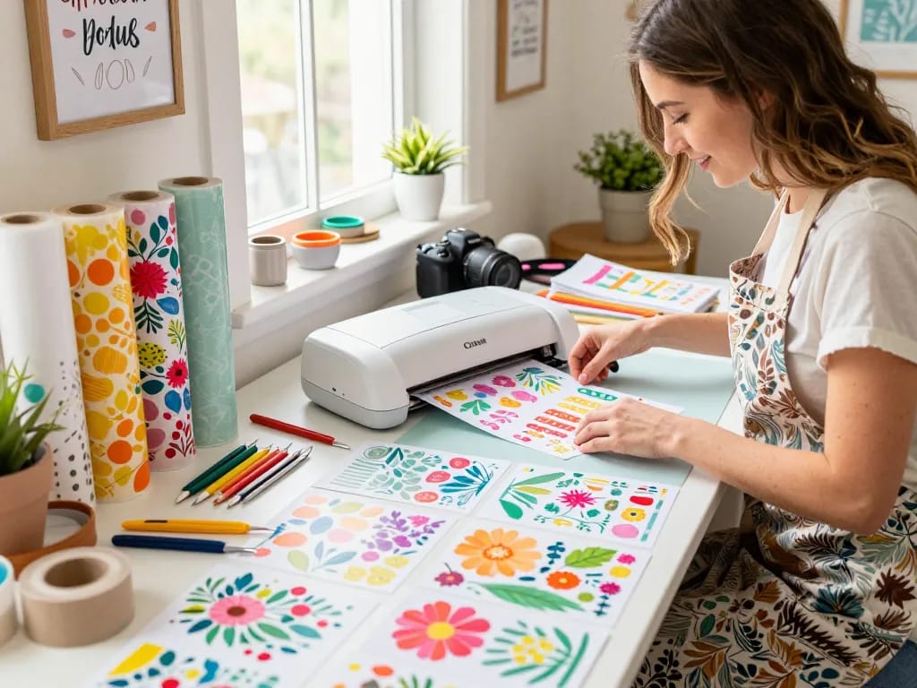 Creative workspace highlighting a woman cutting colorful cricut SVG bundle designs with a Cricut machine, showcasing vibrant crafting tools and materials.