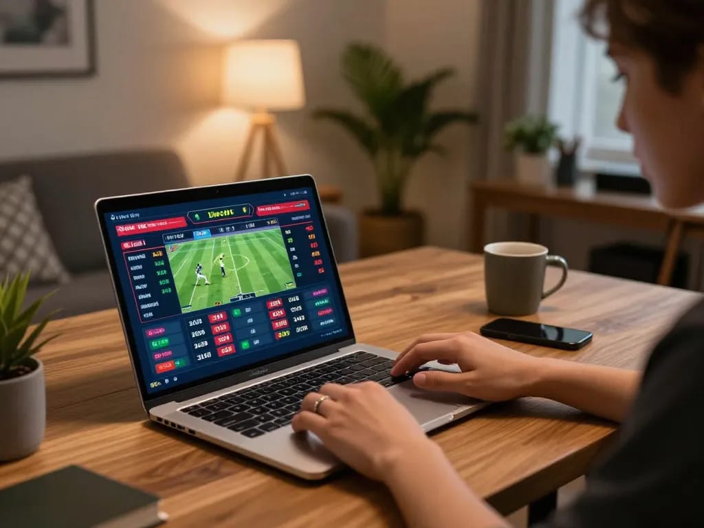 Engaging in keo nha cai sports betting on a sleek laptop at home.