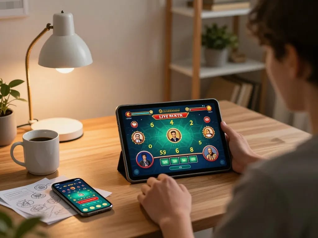 Player enjoying live dealer game on tablet at home while exploring tr88 casino options comfortably.
