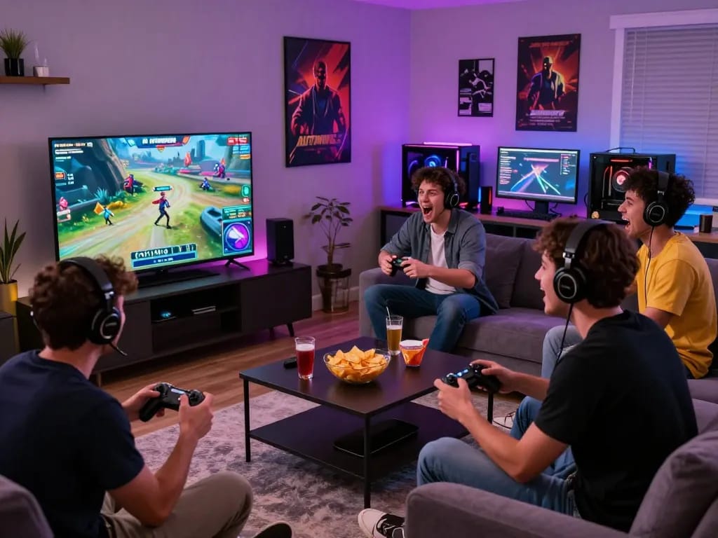 Friends enjoying an AUTOWIN88 gaming session in a lively room with vibrant decor and snacks.