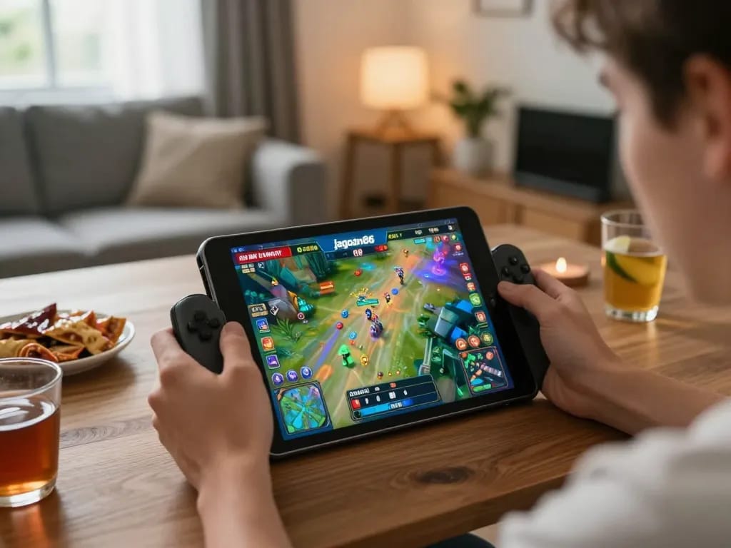 Engaged user enjoying jagoan86 mobile casino gameplay at home, showcasing strategic betting.