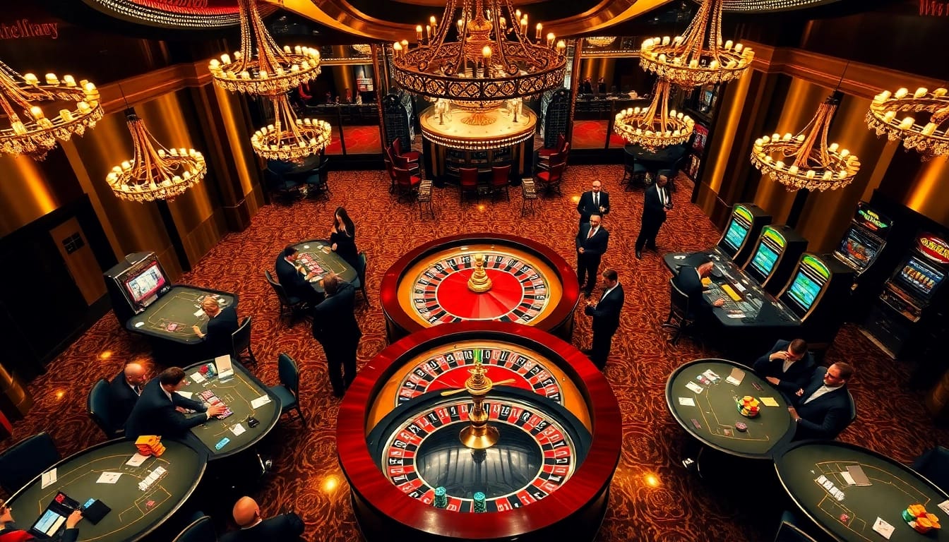 Scène de casino en ligne passionnante avec des joueurs à une roue de roulette et à des tables de poker.