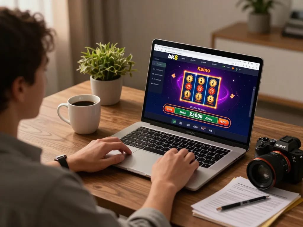 Engaging in online casino blackjack at bk8 on a cozy home desk.