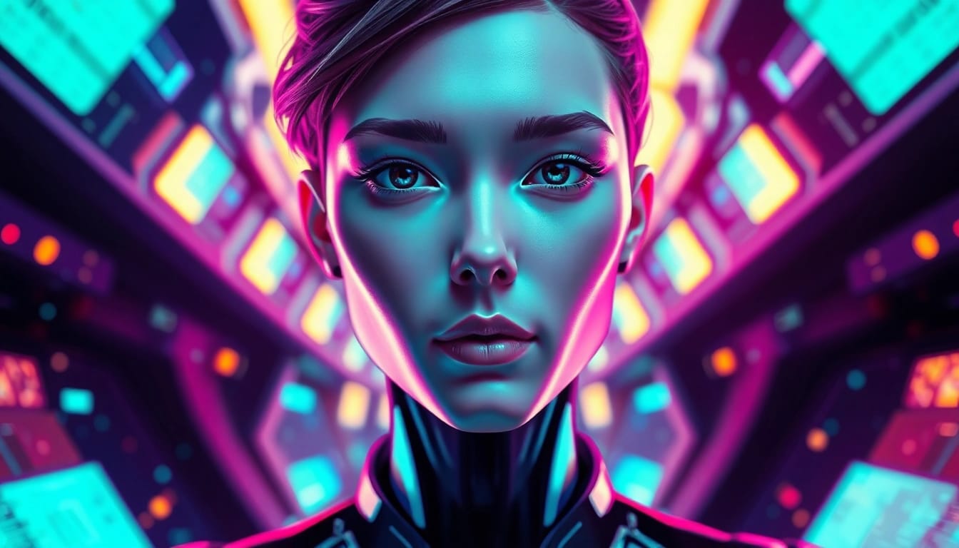 Vibrant AI character in a digital landscape emphasizing nsfw ai technology creatively.