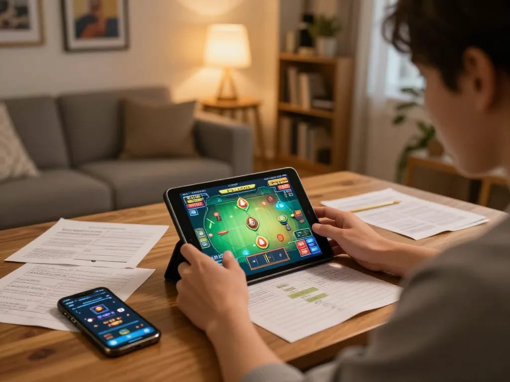 SLOT6000 player strategizing with notes while engaged in tablet gameplay, emphasizing online gambling dynamics.