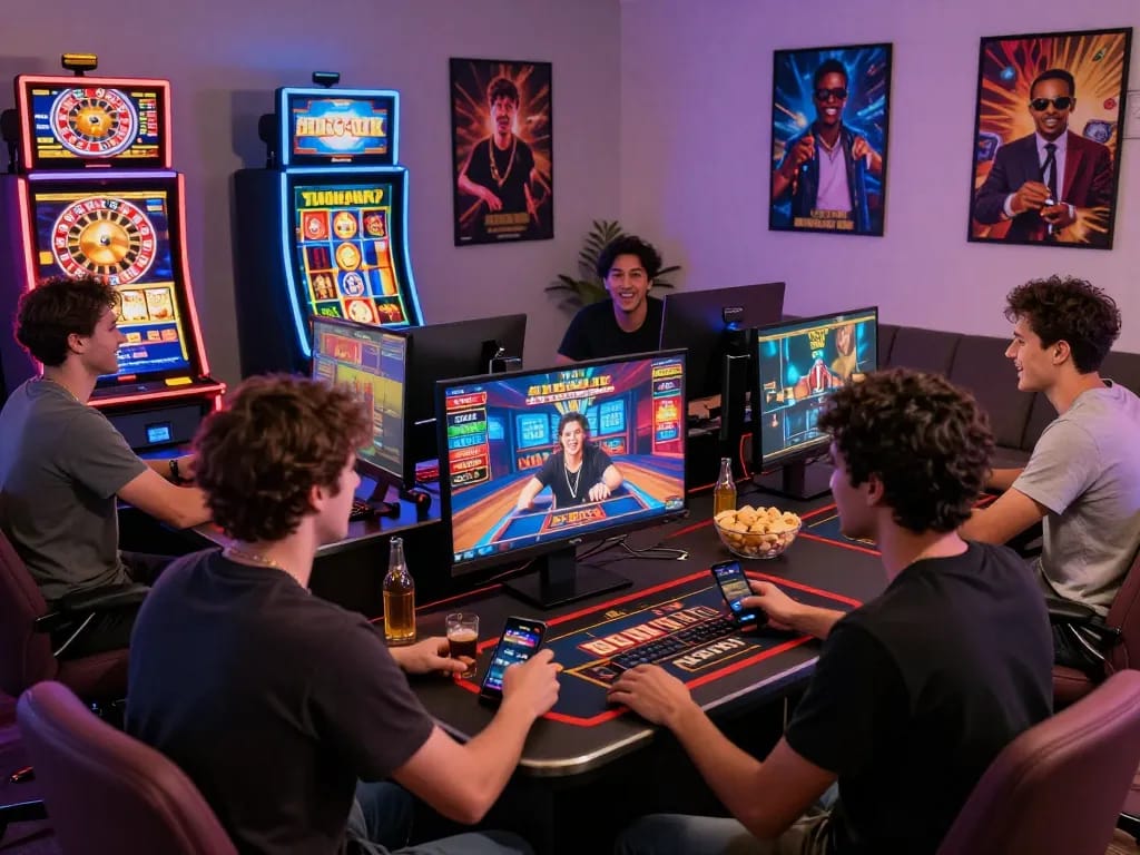 Exciting online gaming scene with players enjoying wraungtoto casino games on computers and mobile devices in a vibrant atmosphere.