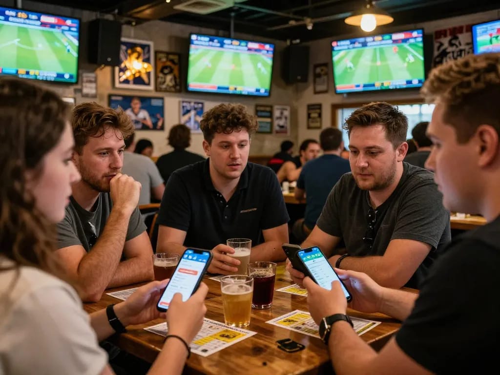 Engaged sports fans using the qq88 app for live betting in a vibrant sports bar atmosphere