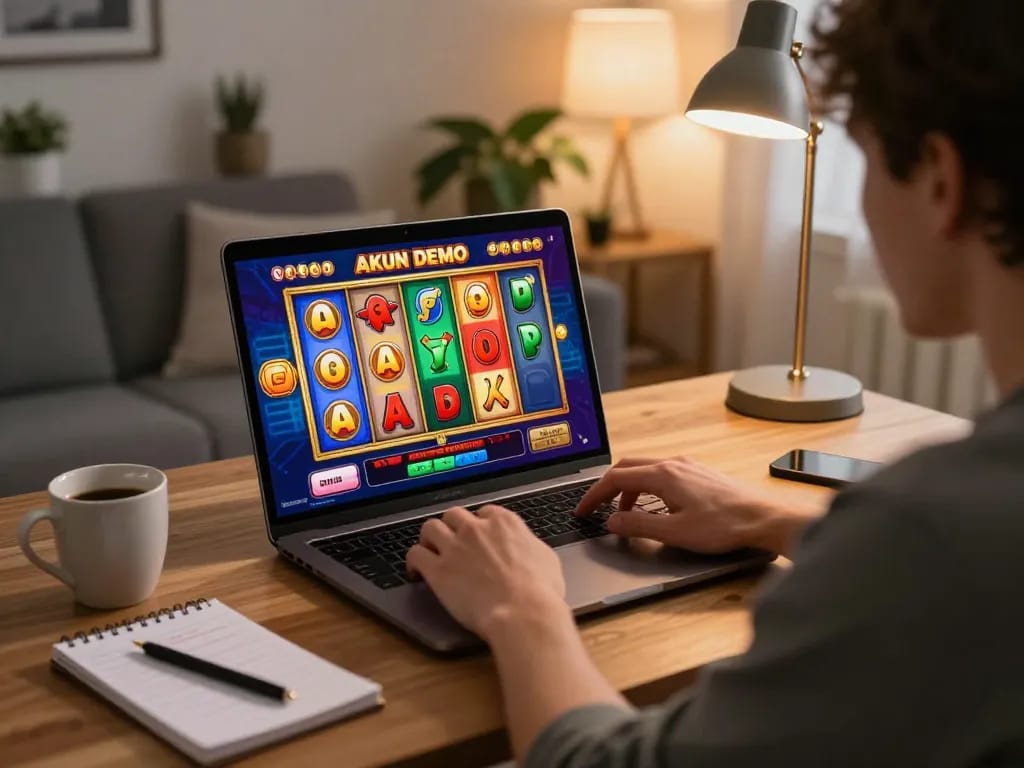 Engaging with an akun demo slot game on a laptop in a cozy home setting, showcasing vibrant gaming visuals.