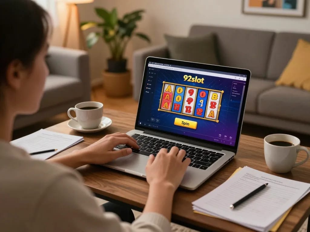 Player immersed in action on 92slot, pressing spin button on colorful online slot game in cozy home setting.