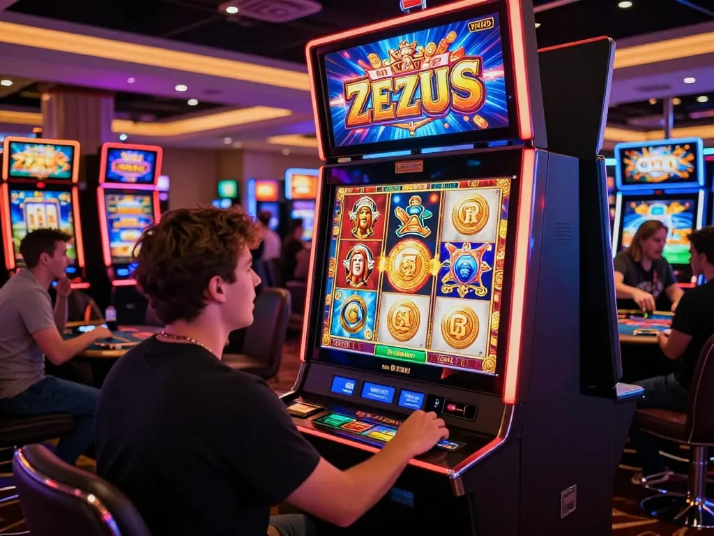 Pemain merayakan kemenangan besar di mesin slot zeus dalam suasana kasino yang cerah.