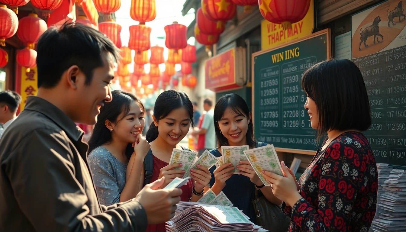 Excited individuals checking their tickets for Song thủ lô results in a vibrant Vietnamese market.