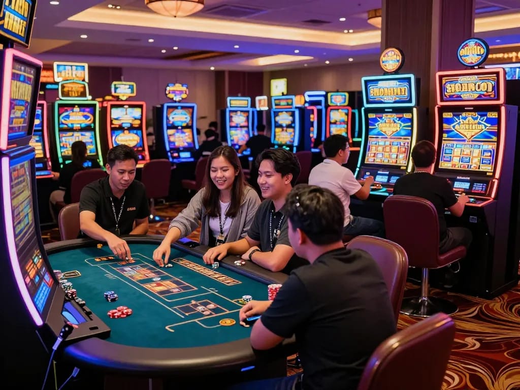 pemandangan permainan situs slot gacor dengan pemain merayakan kemenangan di mesin slot dan meja yang penuh warna