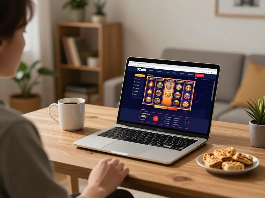 Engaged player exploring 32win online casino interface in a cozy home setting.
