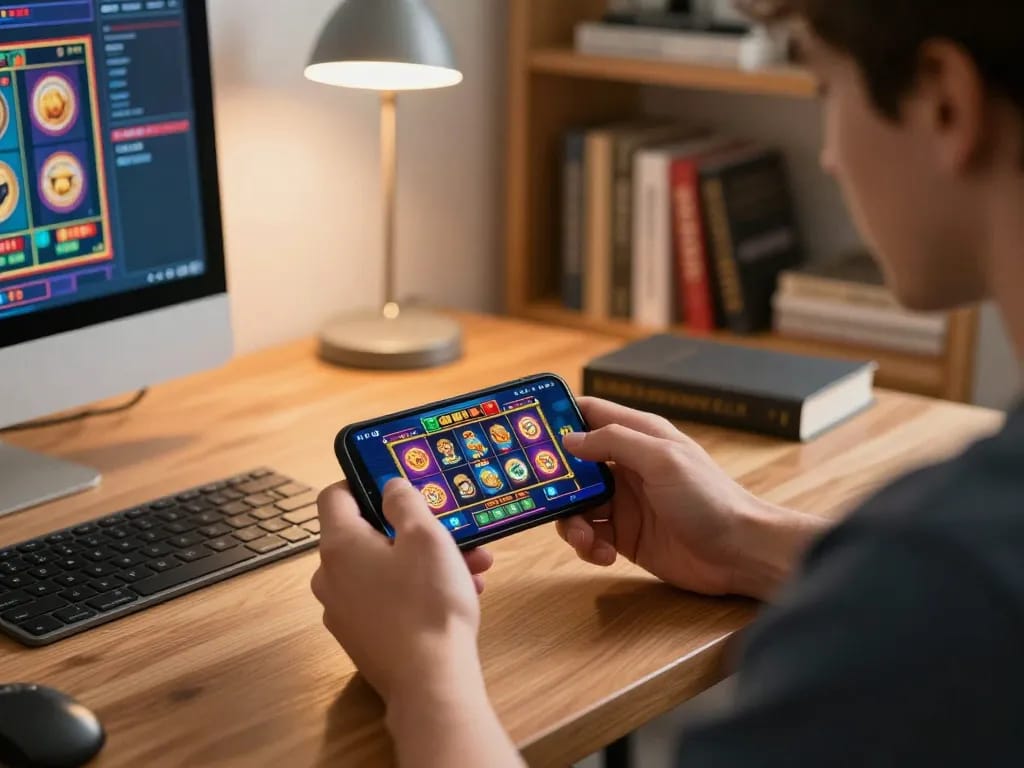 Mobile casino gaming in a cozy home setting, showcasing strategy and excitement at the Trang chủ of online gaming.