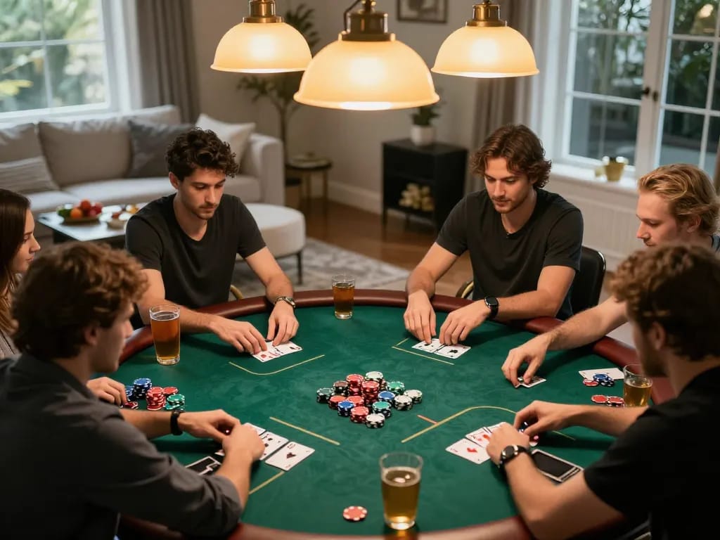 Sun win poker game in an elegant setting, players strategizing around a luxurious table.