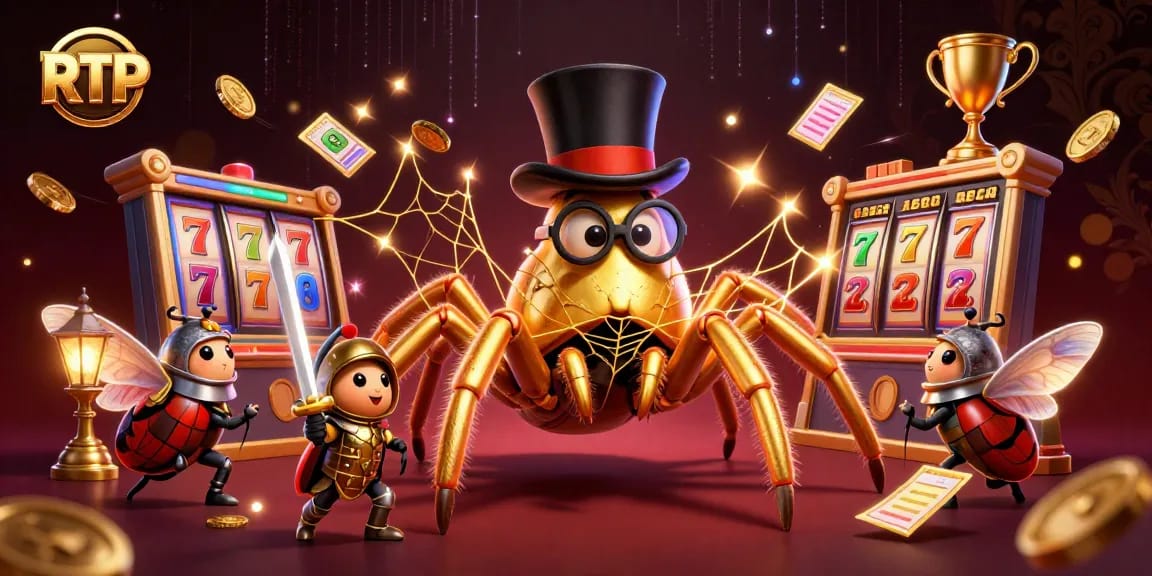 Engaging RTP scene illustration showcasing a golden tarantula with casino elements, signaling thrilling gaming action.