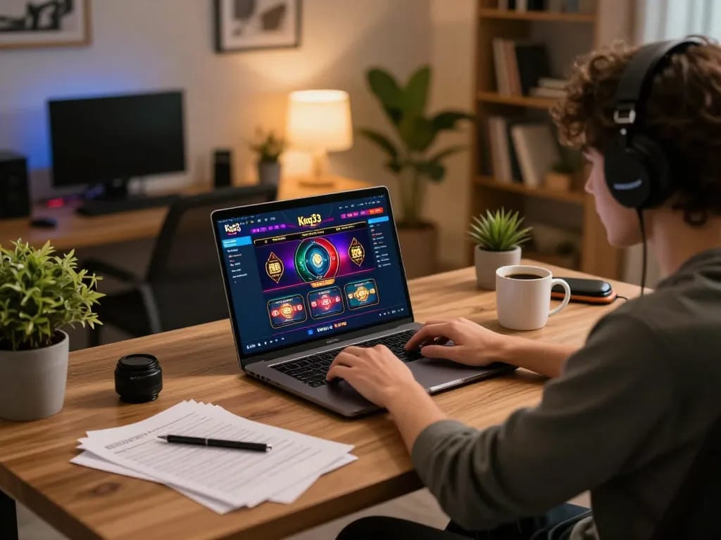 Engaging online gaming experience on king33 with a player strategizing in a cozy home office.