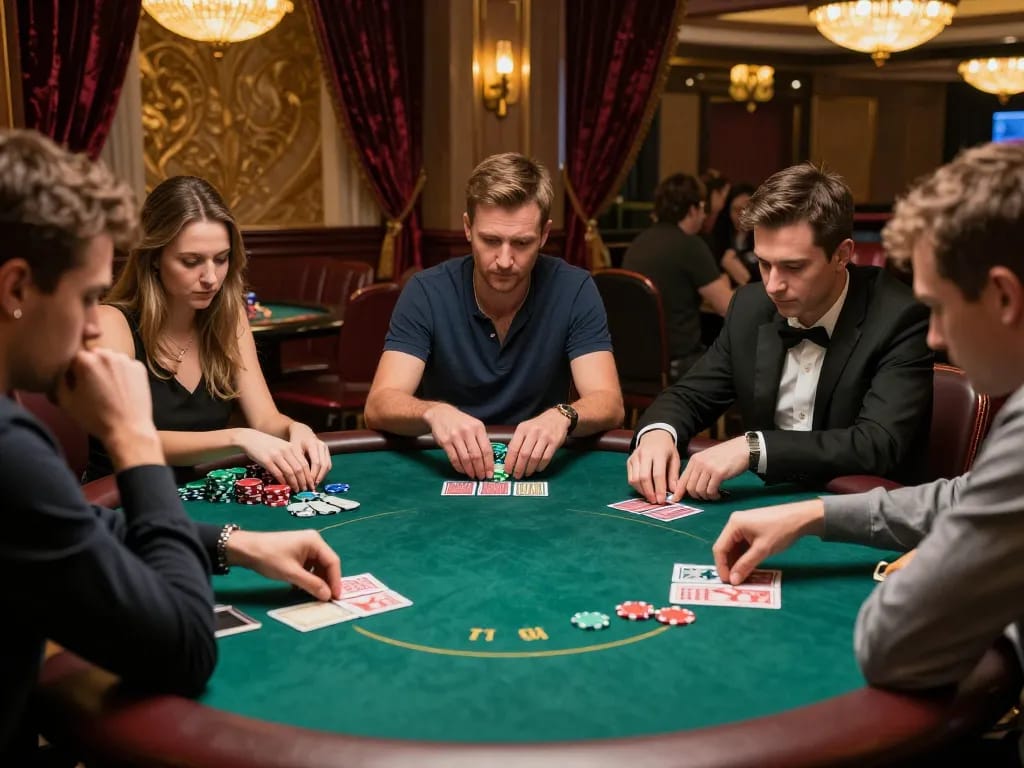 Players strategize and enjoy poker at Manclub's luxurious casino table under warm lighting