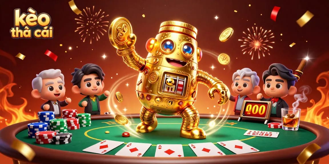 Engage in kèo nhà cái excitement with a golden golem and vibrant casino elements.