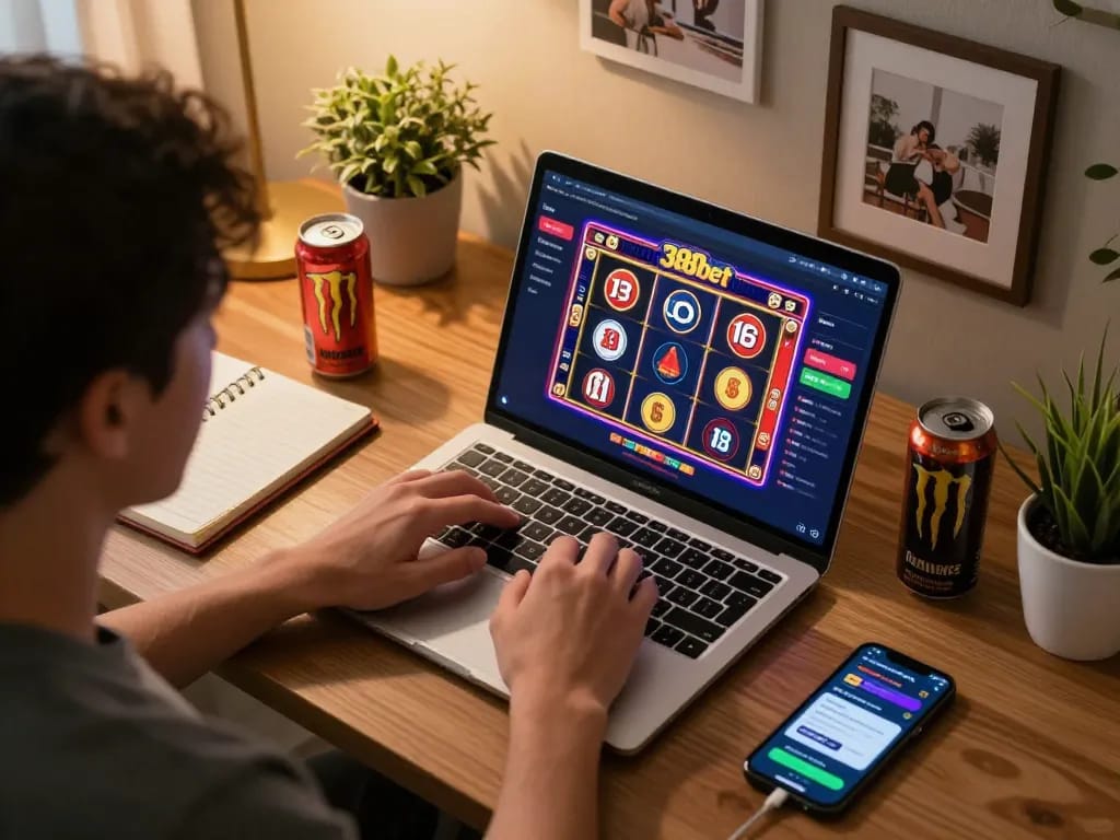 Engaged player using the 388bet online casino interface at home, illustrating responsible gaming practices.