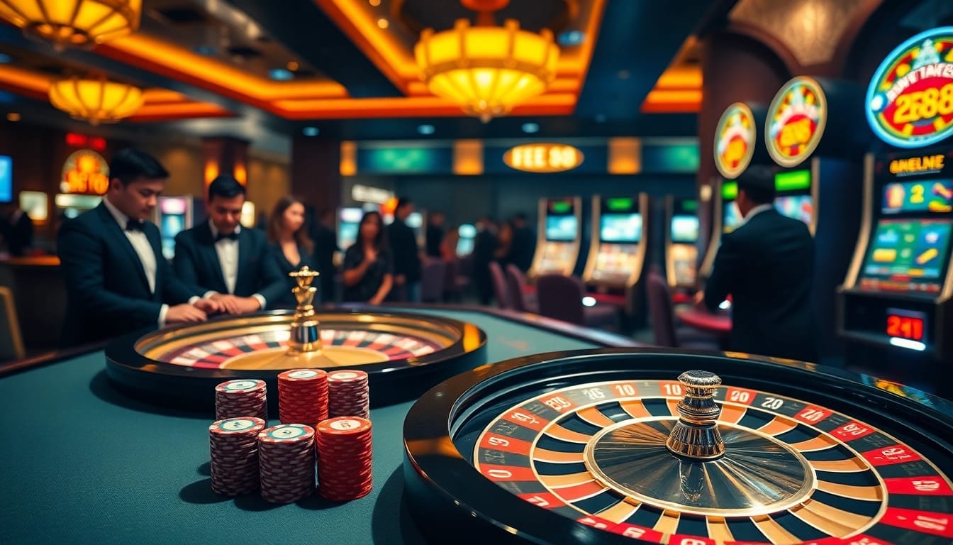 EE 88 players intensely focus on a luxurious poker table surrounded by vibrant slot machines.