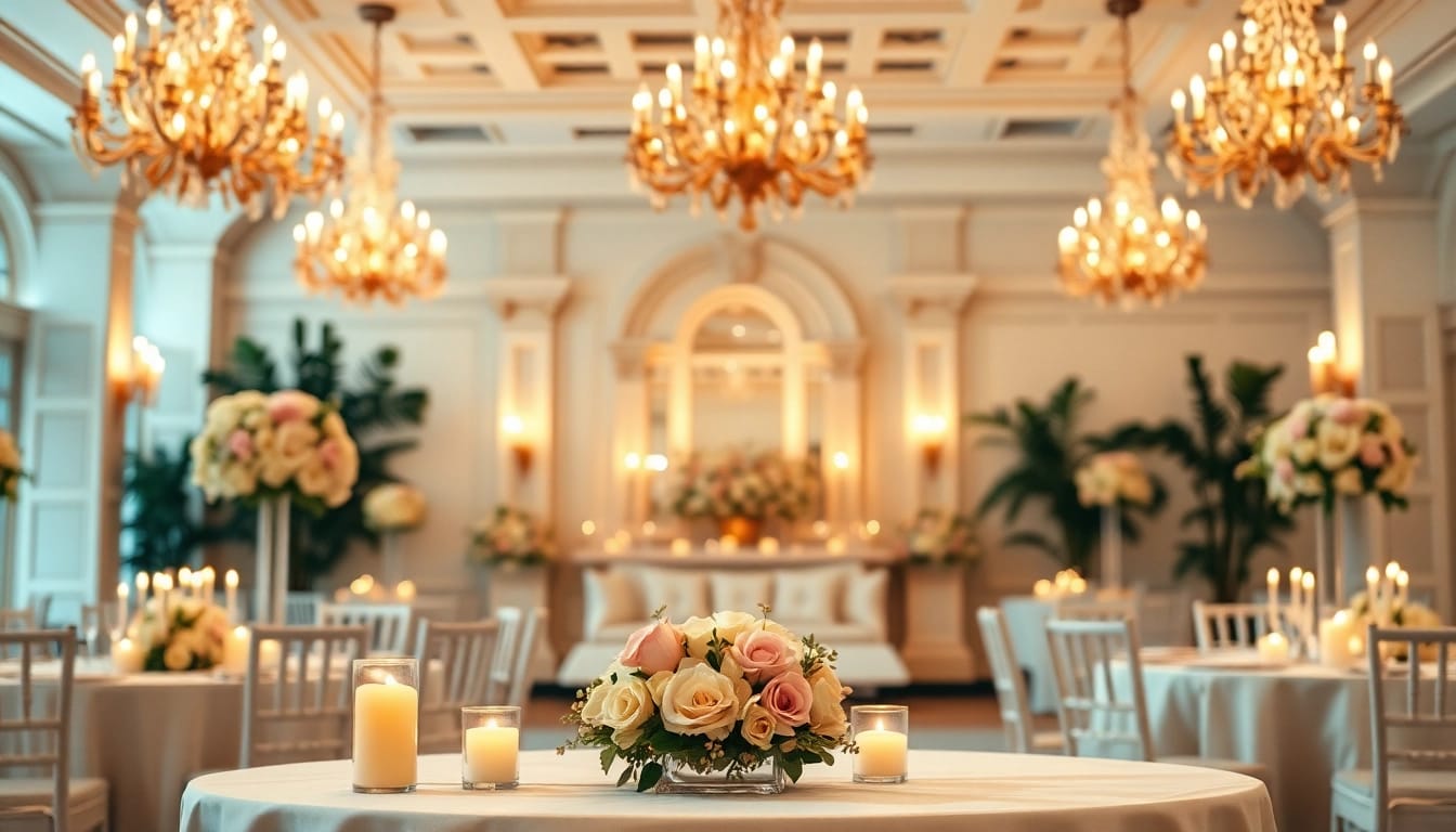 Experience a charming moment at a Jacksonville Wedding Venue adorned with floral elegance and warm lighting.