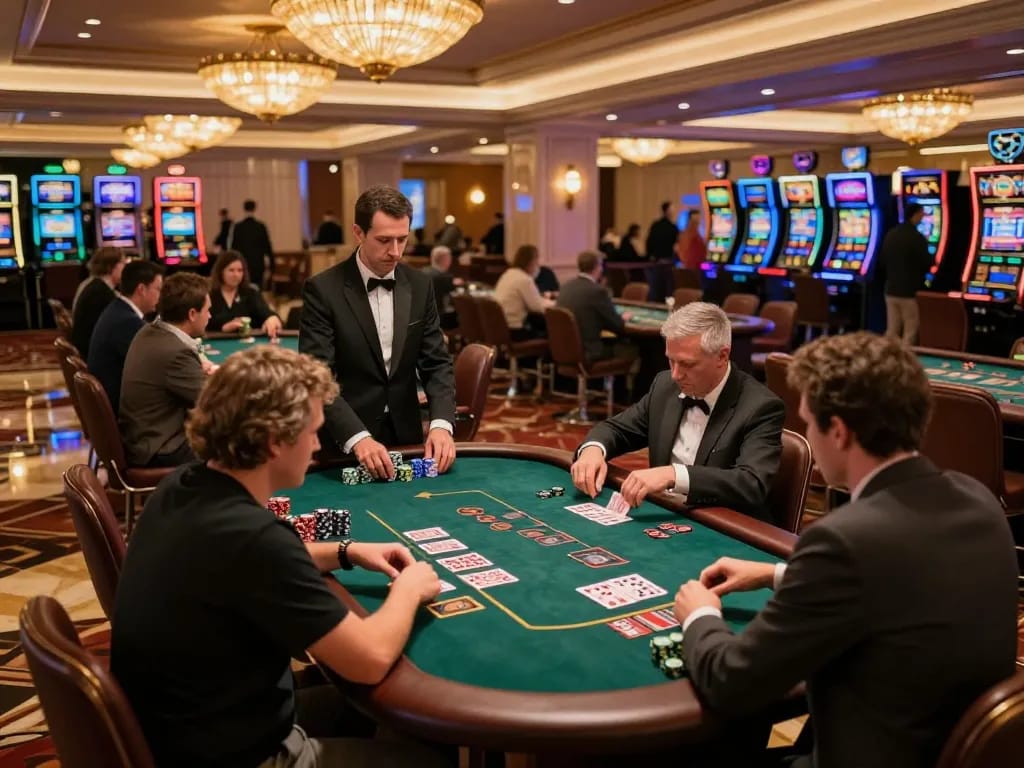 Players enjoying a thrilling blackjack game at dh88.bio's luxurious casino, showcasing high-stakes action and inviting atmosphere.