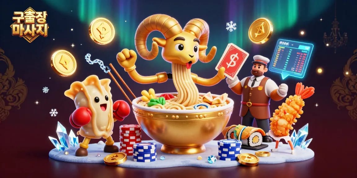 The vibrant scene showcases 구로출장마사지 with a giant ramen bowl dealer and cheerful sushi characters playing cards amidst floating cryptocurrencies.