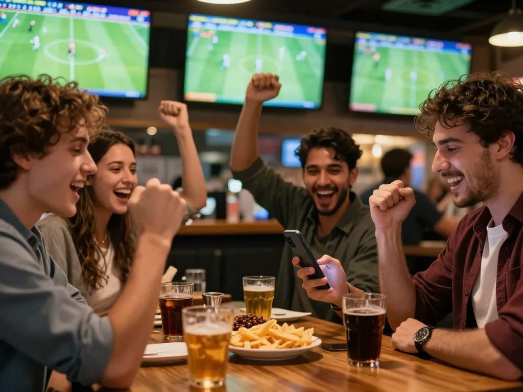Engaged enthusiast tracking kqbd on smartphone during thrilling sports betting session in lively bar