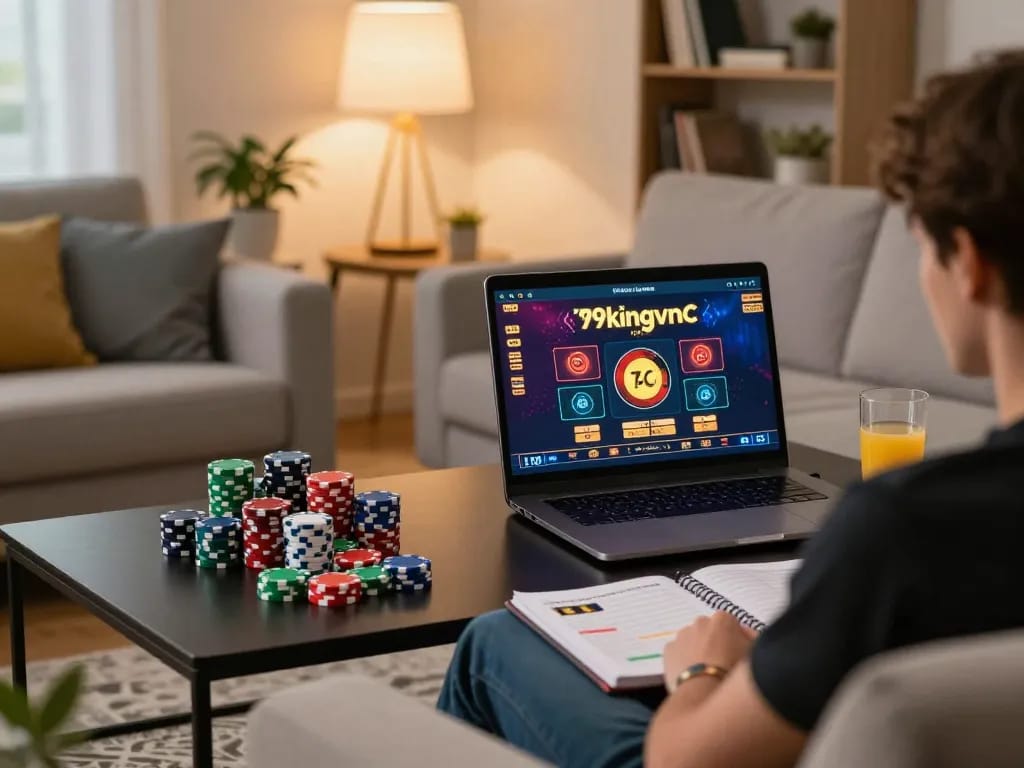 Player enjoying online gaming at 79kingvnc with strategic notes and chips on display.
