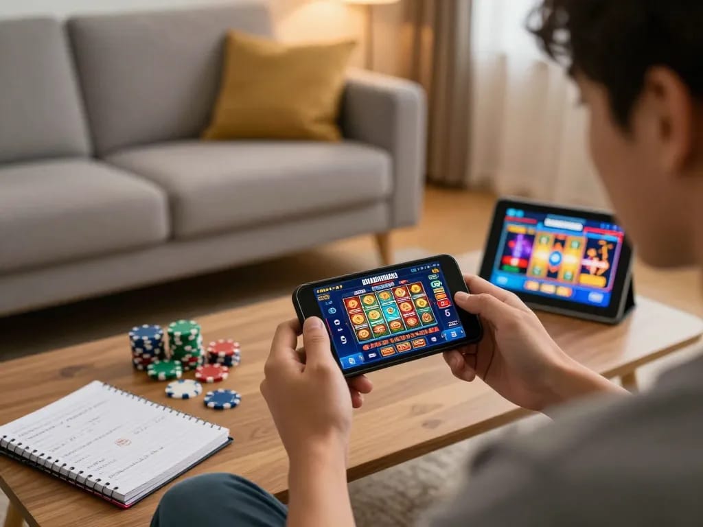 Engaging in slot bet kecil gameplay on a smartphone in a cozy home environment.
