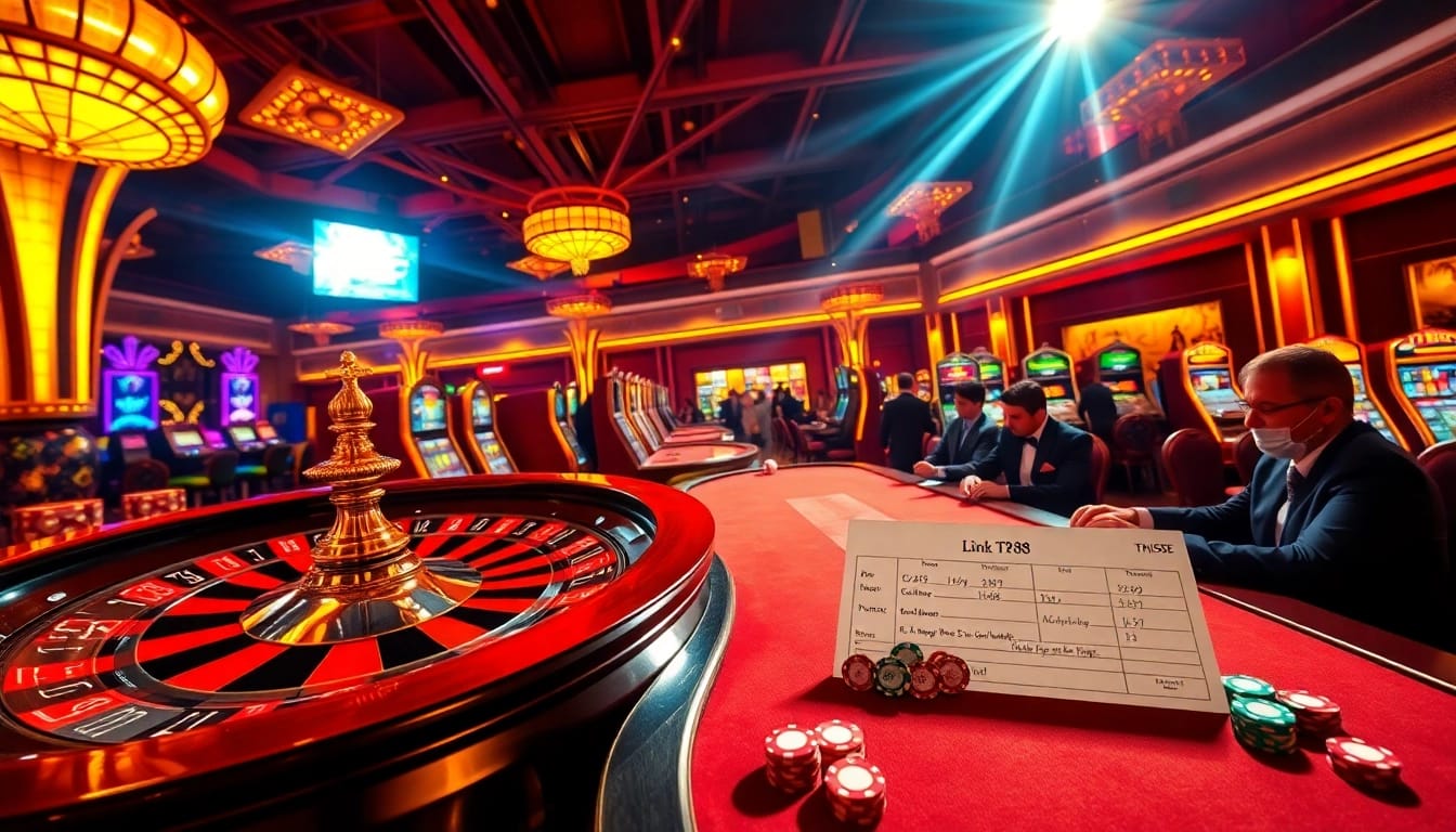 Experience the excitement of gambling with Link TK88 showcased on vibrant casino tables and slot machines.