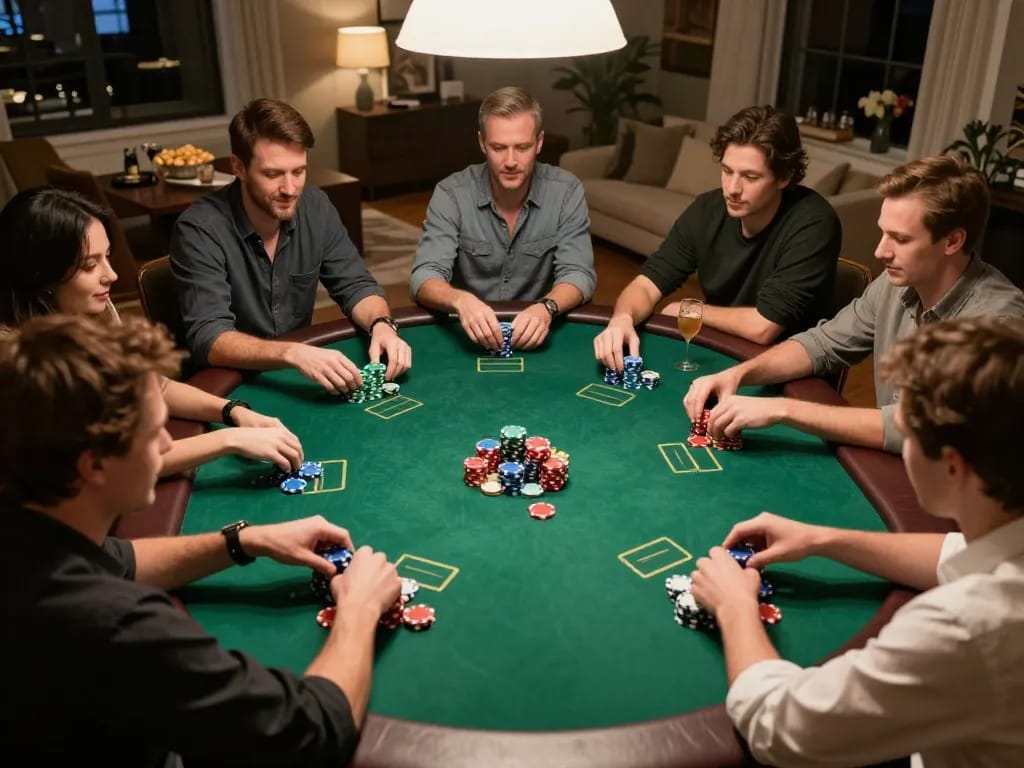 Players strategizing in an engaging poker match at home, showcasing g28-t1 gaming strategies.