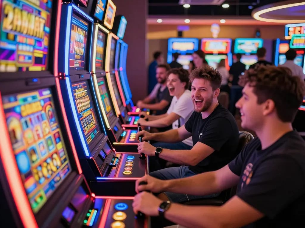 Players enjoying various slot machines with colorful displays in a lively casino atmosphere.