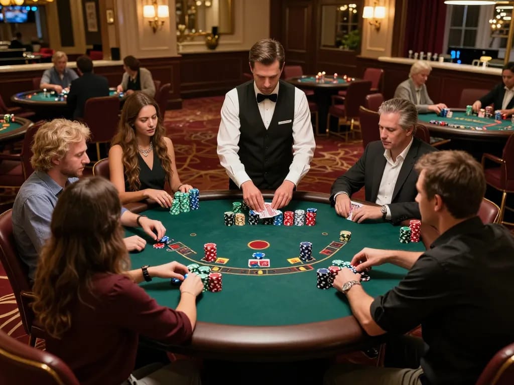 Engaged players at the best widget store blackjack table strategizing their bets in a lively casino.