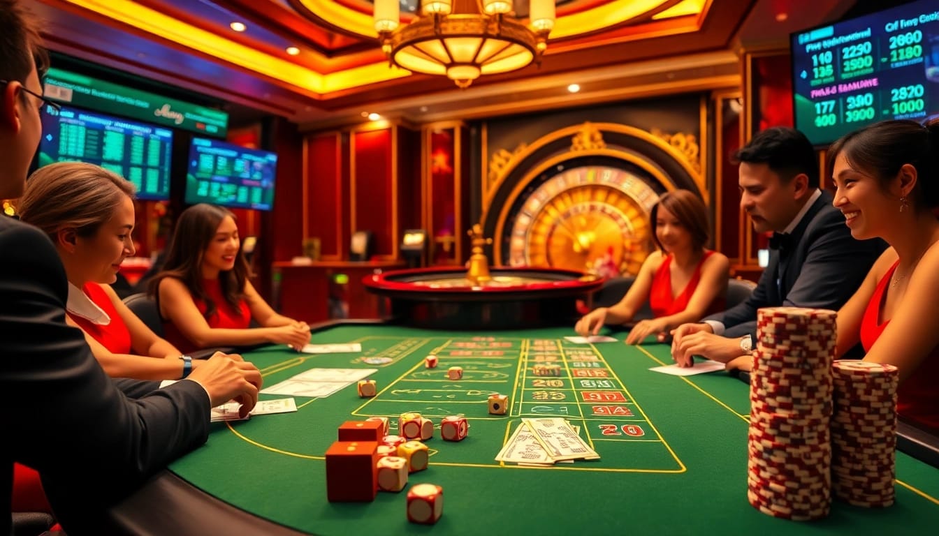 Players enjoying Tài Xỉu at https://taixiumd5.fan/, with dice, chips, and a roulette wheel enhancing the excitement.