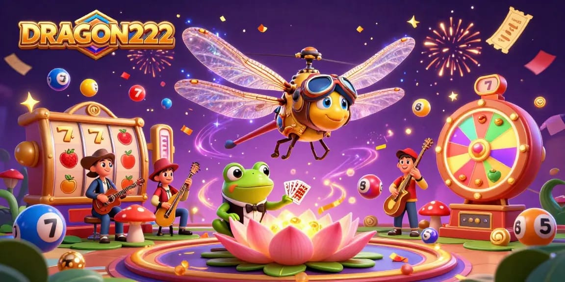 Engage in exciting DRAGON222 gaming with vibrant visuals, flying lottery balls, and a lively casino scene.