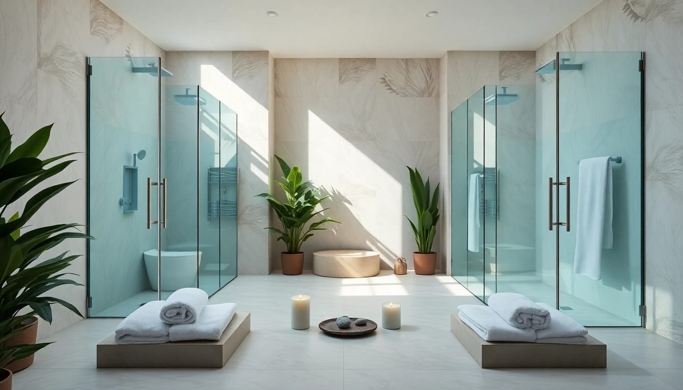 Experience the beauty of elegant showers in a serene bathroom design with lush accents.