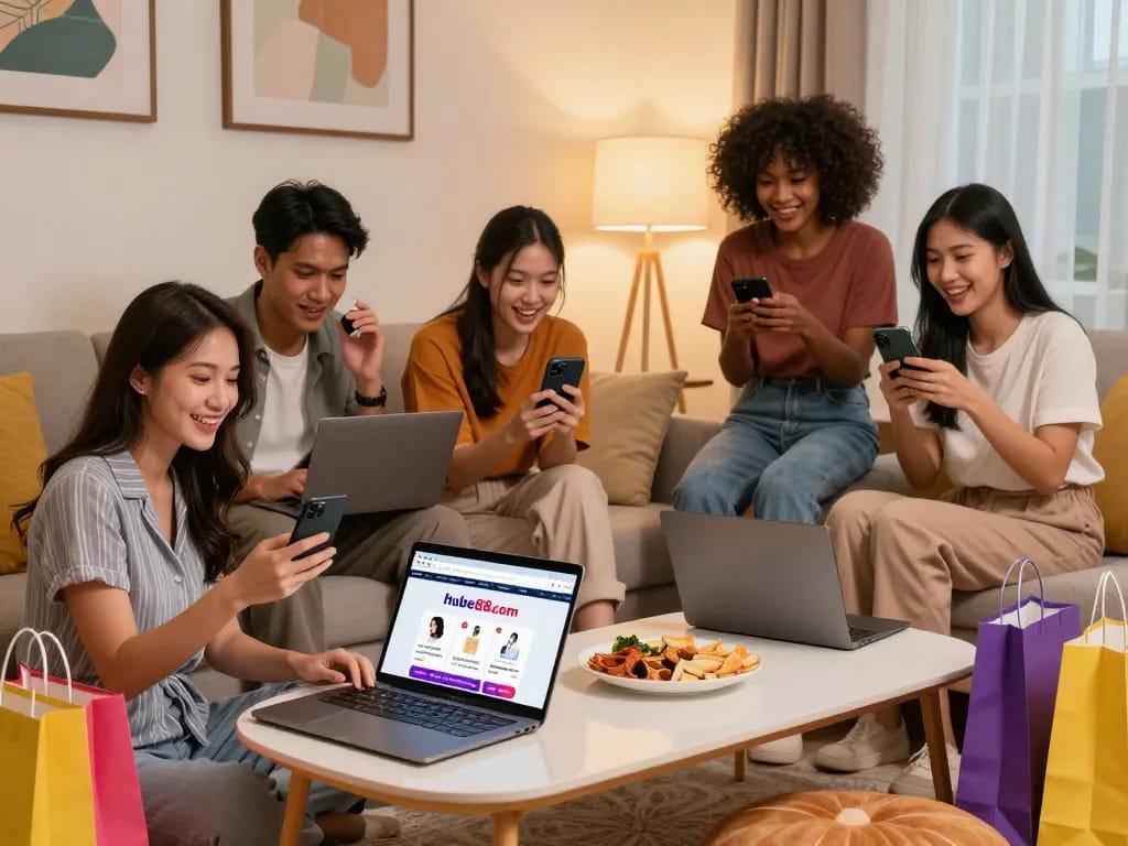 Friends enjoying online shopping at Hubet88.com in a cozy living room.