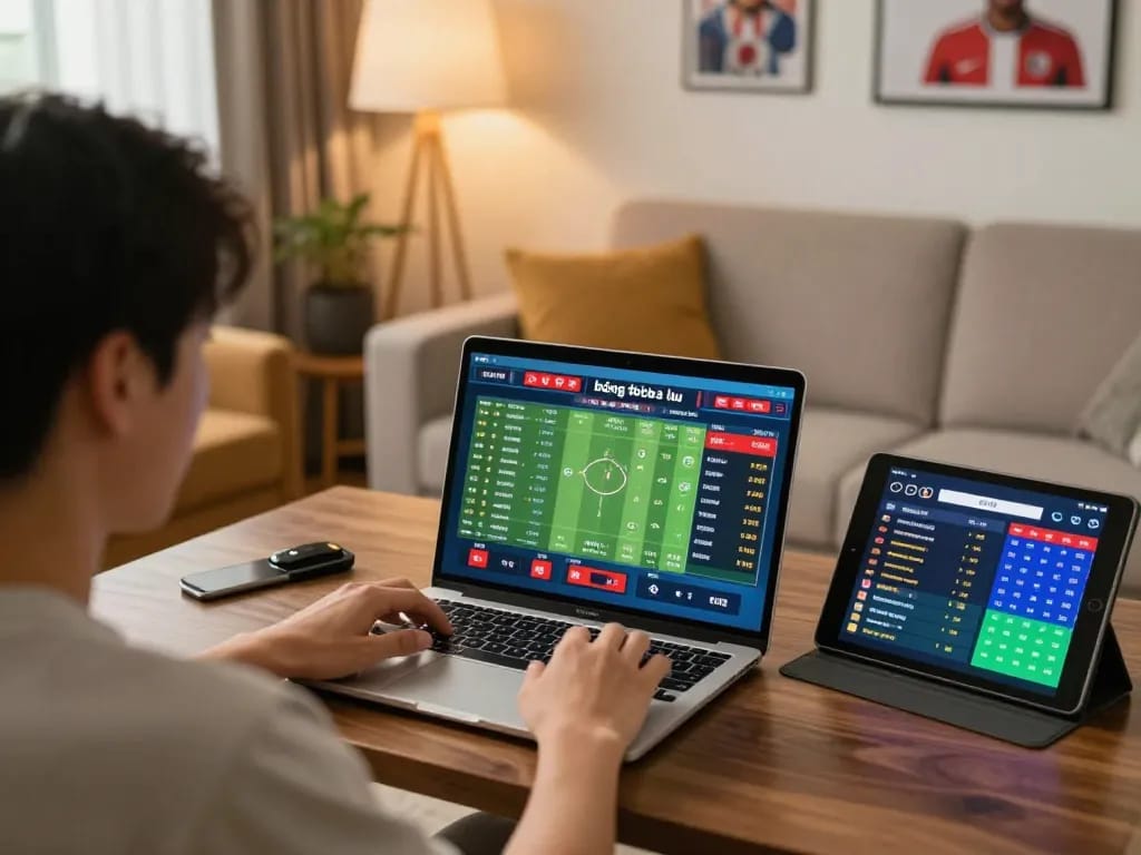 Engaging user analyzing bóng đá lu results on a laptop in a cozy home setup, highlighting live sports betting.