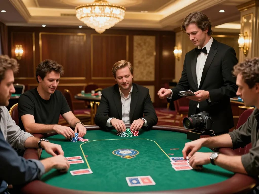 B52 Club players enjoying a strategic poker game with chips and cards in a luxury casino setting