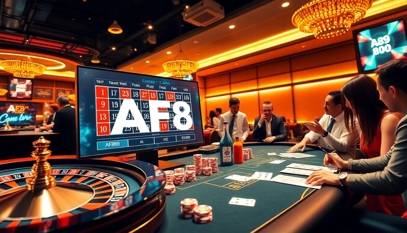 AF88 online gambling interface showcasing thrilling casino games with roulette wheels and poker chips.