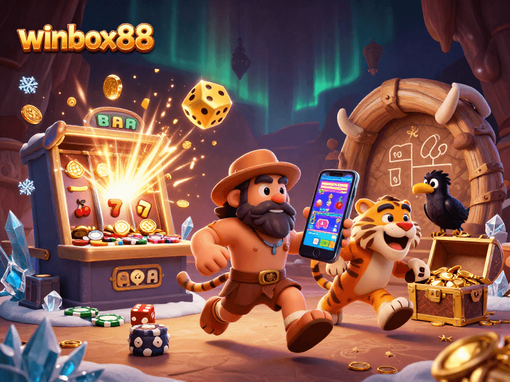 Winbox88 showcases an exhilarating casino scene with characters and dynamic gambling elements.