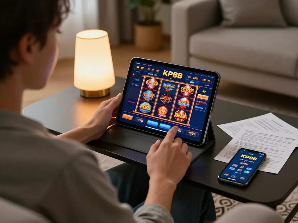KP88 user engaging in strategic online gambling session using tablet and notes at home.