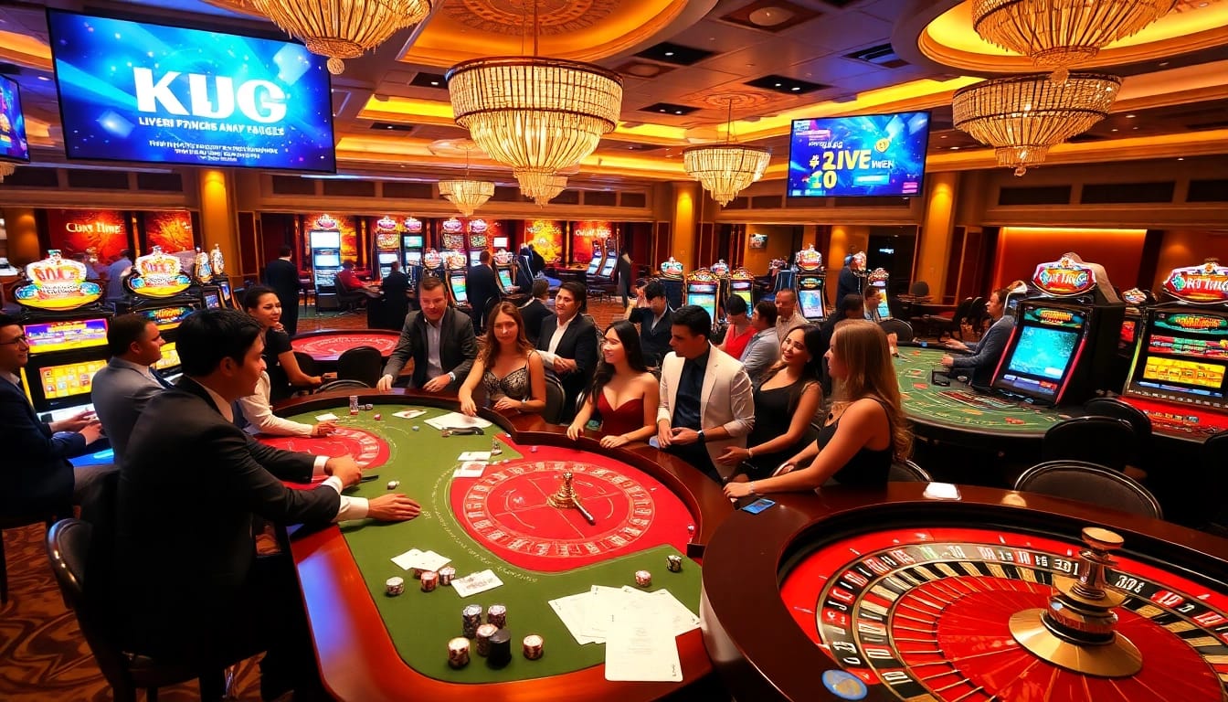 KJC casino scene with players celebrating wins around roulette tables and slot machines.